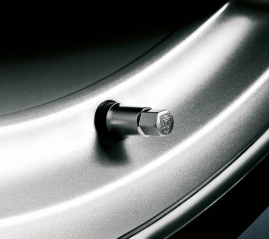 Porsche Design Customer Favorite | Porsche Valve Sleeve Set in Silver with Embossed Crest for 718, 911, Panamera, and Cayenne