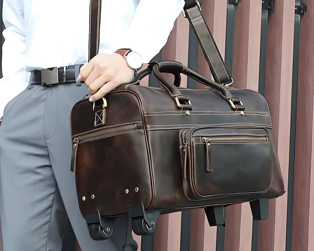 leather luggage on wheels